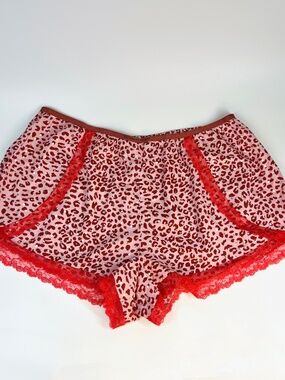 Victoria's Secret Red Leopard Print Gold Accent Red Lace Trim Sleep Shorts L